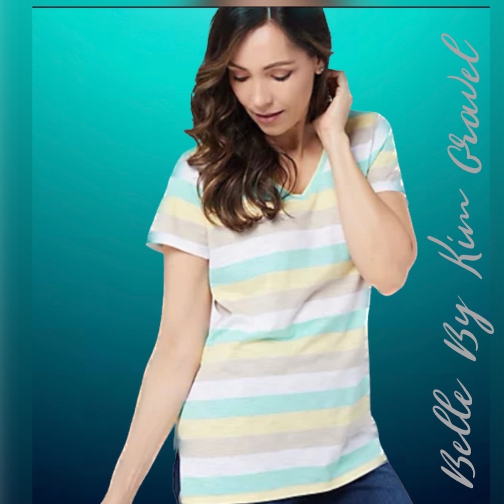 Belle by Kim Gravel Striped Heather Short Sleeve
Top Aqua/Buttercup 2X